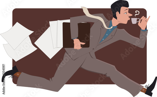 Man running with a cup of coffee