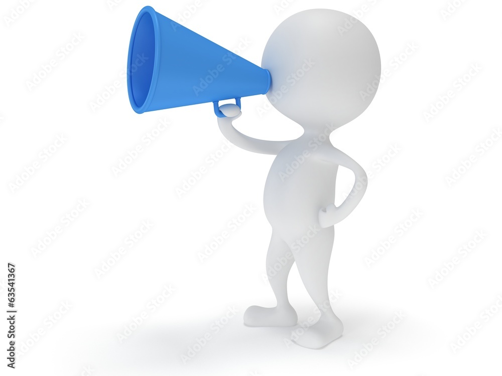 3d white man stand with blue megaphone 3d white man stand with blue megaphone