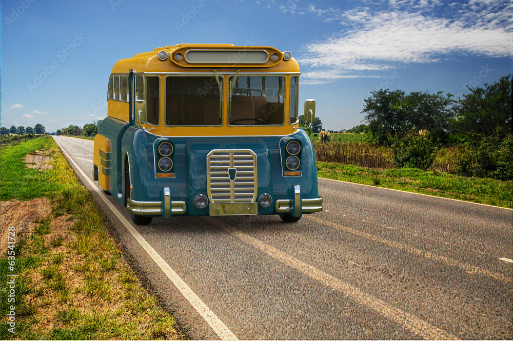 Obraz premium old bus cartoon on the road