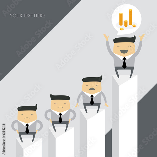 Happy successful businessman on top of the chart. Group of businessmen, cartoon characters. Vector illustration.