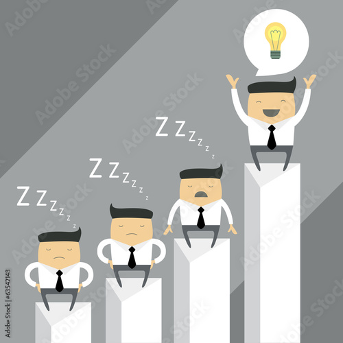 Happy successful businessman on top of the chart. Group of businessmen, cartoon characters. Vector illustration.