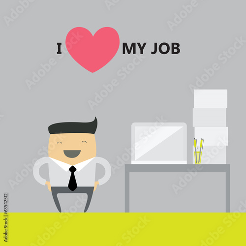 Happy businessman near his workspace at office. Funny cartoon character. Vector illustration