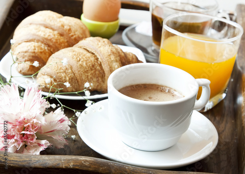 Fototapeta Naklejka Na Ścianę i Meble -  French Breakfast with Coffee, Flower and Croissants