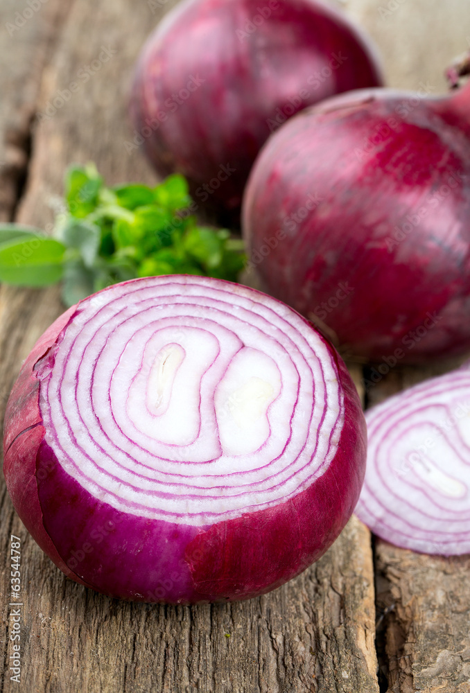 red onion on rustuc background