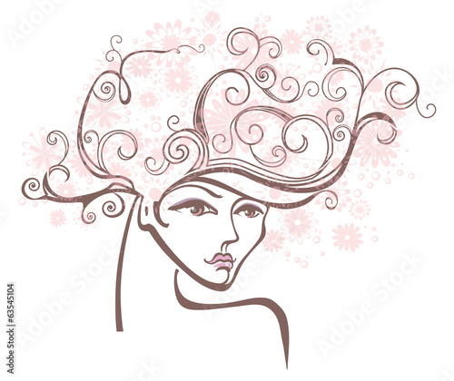Beautiful female profile with hair flowers.