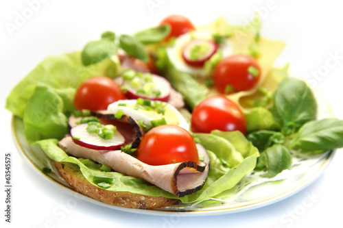 spring healthy sandwich with vegetable and smoked ham on white b