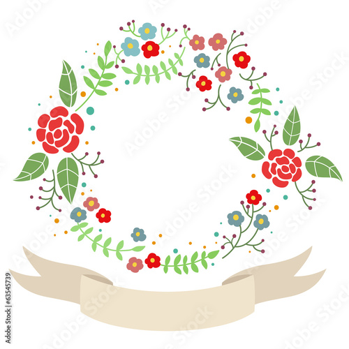 Vintage round floral vector frame ribbon on white background