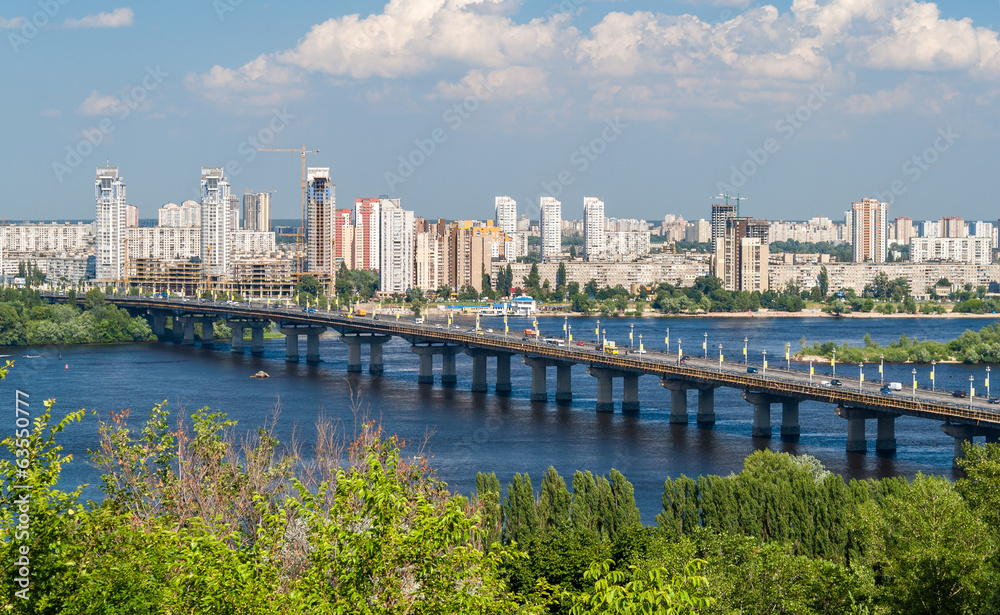 View of Paton Bridge and Left Bank of the Dnieper river in Kyiv