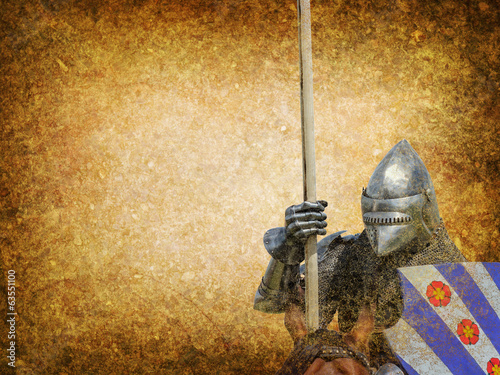 Armored knight on warhorse - retro postcard