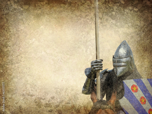 Armored knight on warhorse - retro postcard