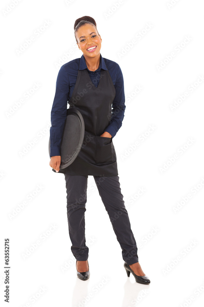 african american waitress holding empty tray african american waitress holding empty tray