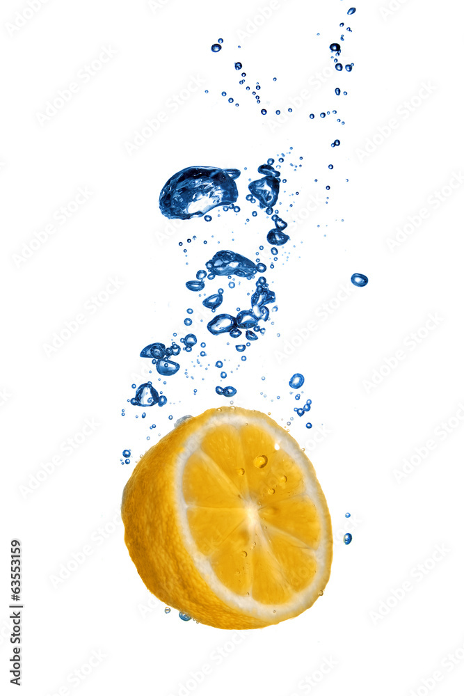 Fresh orange dropped into water with bubbles isolated on white