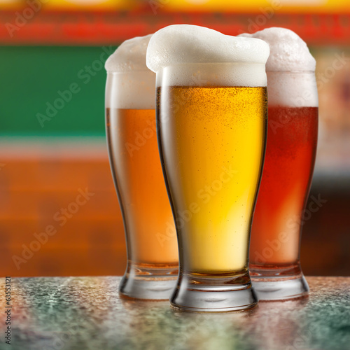 Different beer in glasses in pub