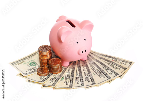 Piggy Bank with Money isolated on white. Dollar Bills