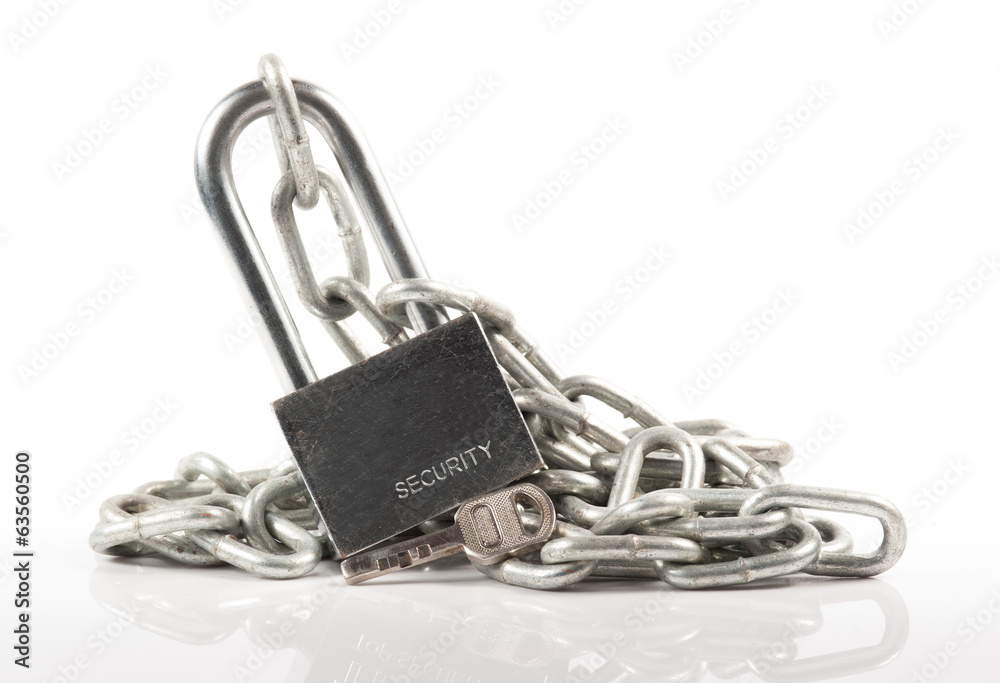 Padlock and chain isolated on white background Padlock and chain isolated on white background