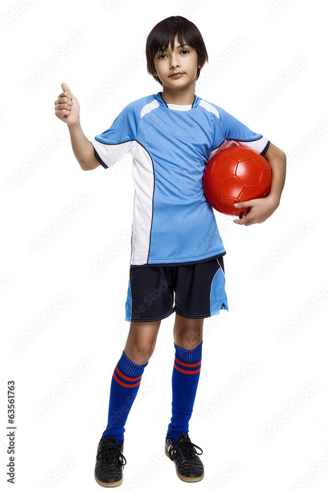 Sport boy, football thumb up! isolated on white background Sport boy, football thumb up! isolated on white background