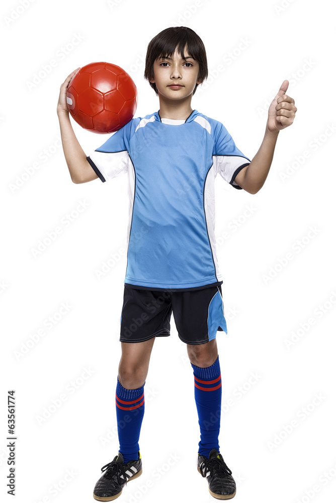 Sport boy, football thumb up! isolated on white background Sport boy, football thumb up! isolated on white background