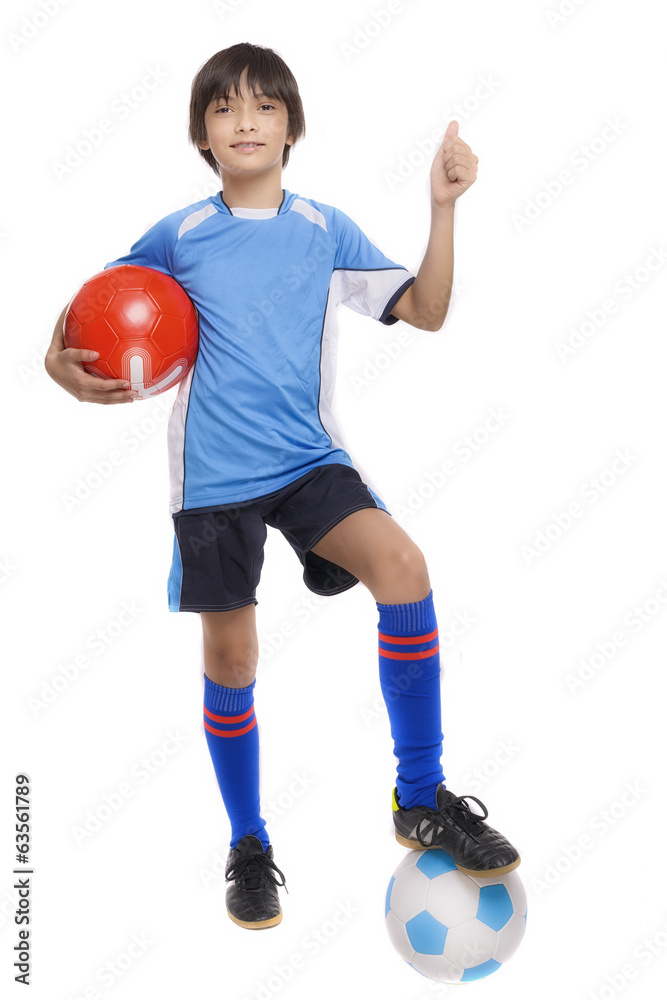 Sport boy, football thumb up! isolated on white background