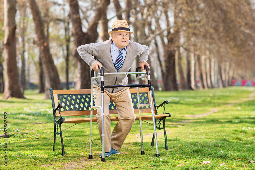 Senior gentleman with walker in the park Senior gentleman with walker in the park