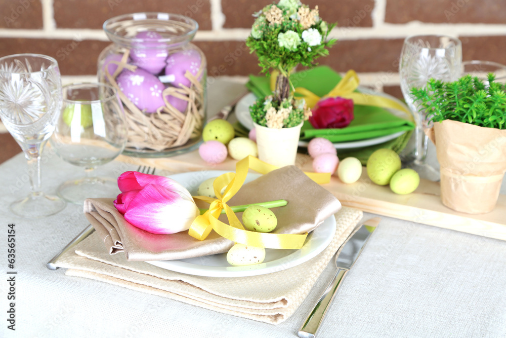 Beautiful holiday Easter table setting, on bright background