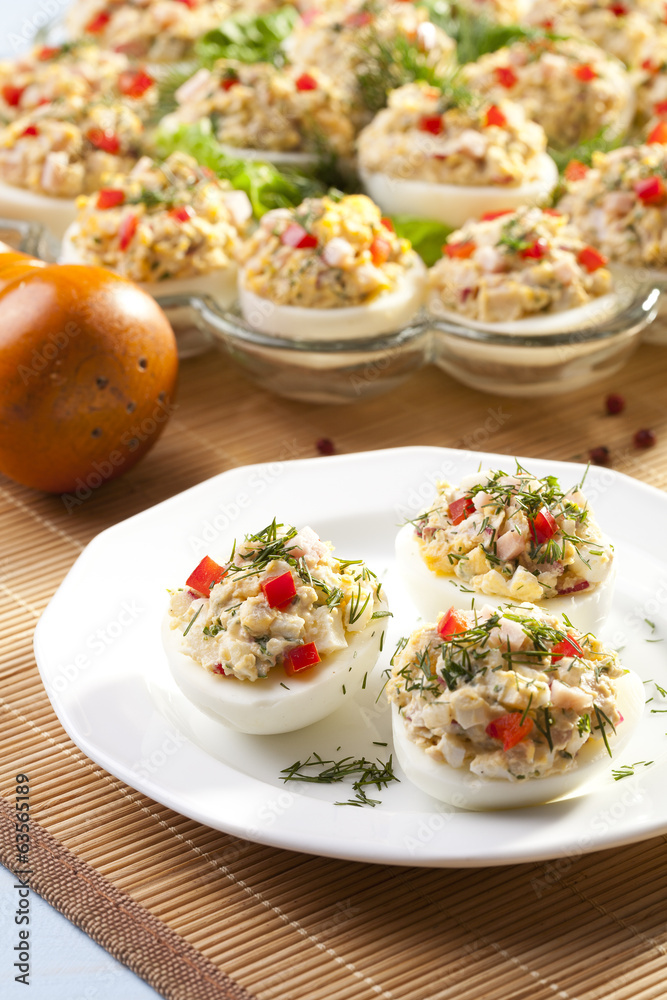 stuffed eggs with ham, red pepper and dill stuffed eggs with ham, red pepper and dill