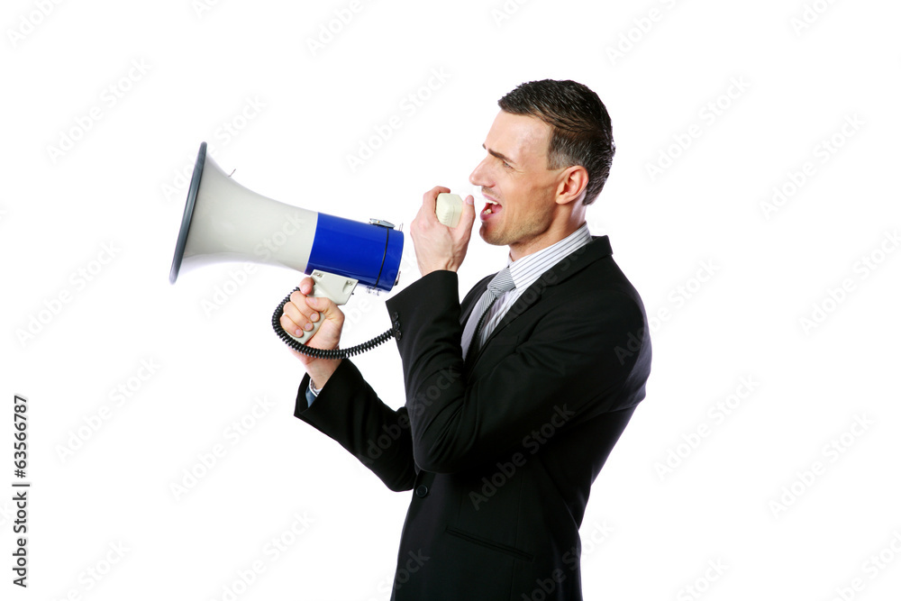 businessman shouting through megaphone businessman shouting through megaphone