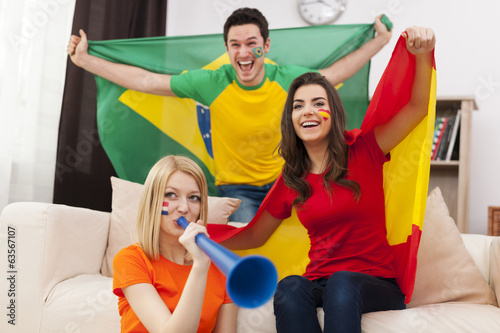 Group of multi national football fans cheering