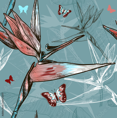 bird of the paradise flowers seamless pattern