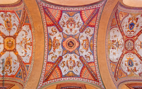Bologna - Fresco from external corridor of Via Farini street.