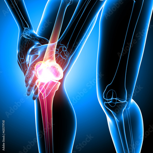 Human knee pain anatomy on blue photo