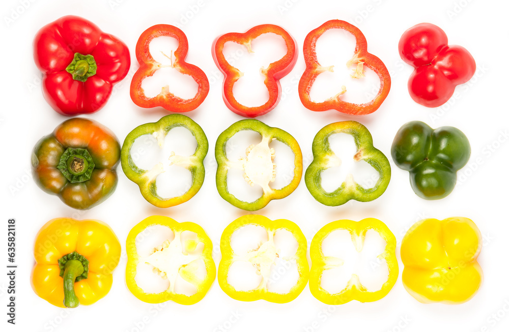 Slice Bell Pepper in a row with white background Slice Bell Pepper in a row with white background