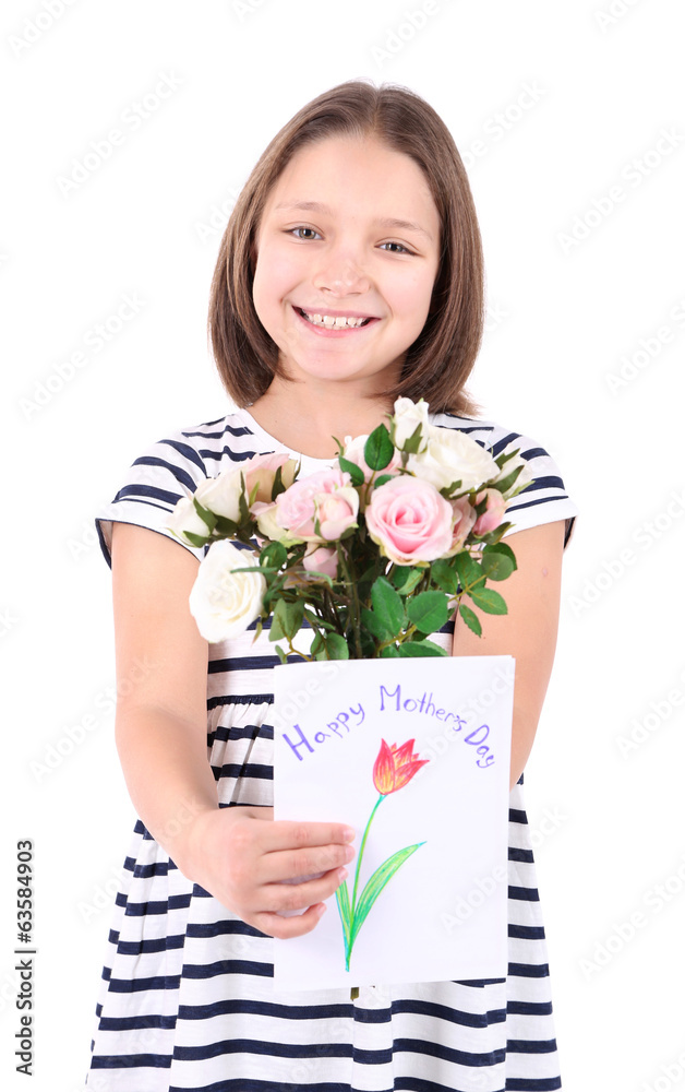 Beautiful little girl with flowers and postcard in her hand, Beautiful little girl with flowers and postcard in her hand,