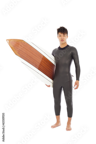 Photography surfing man wore wet suit and holding surfing board