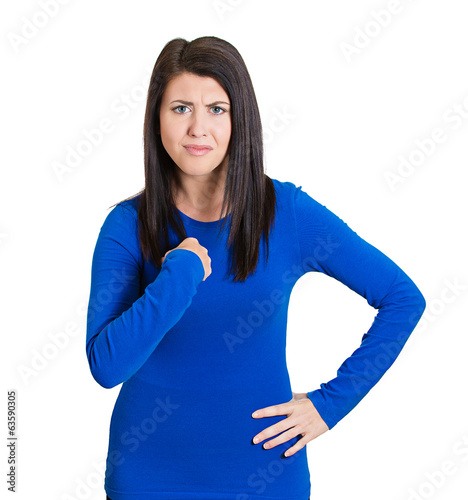 Foto Upset angry woman asking you blaming me?