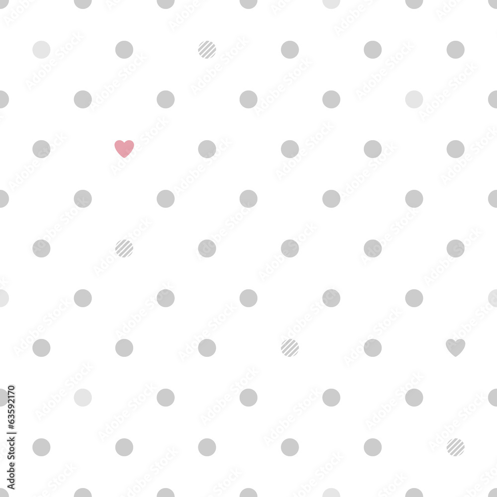 Polka dots with hearts seamless pattern - white and gray.
