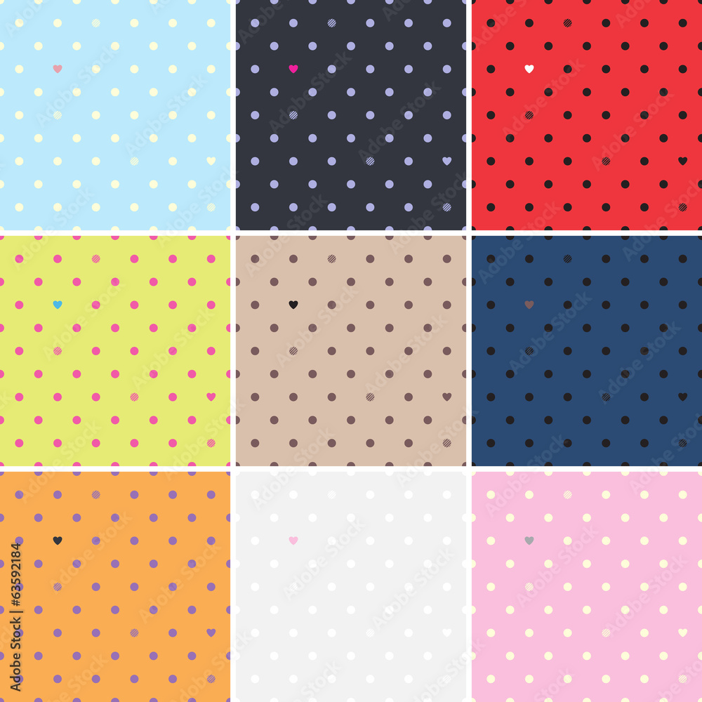 Set of polka dots seamless patterns. Dots & hearts. Set of polka dots seamless patterns. Dots & hearts.