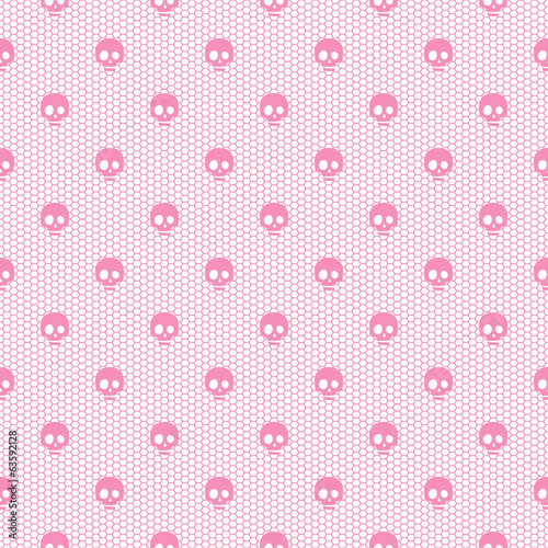 Seamless pink lace pattern with skulls on white background.