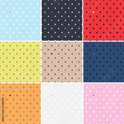 Set of polka dots seamless patterns. Dots & hearts.