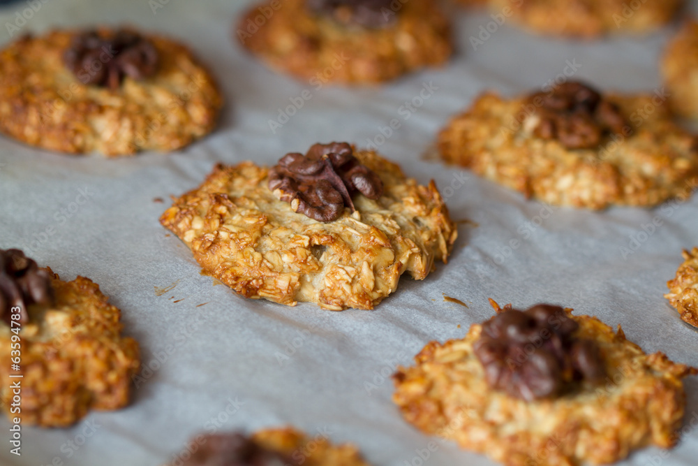 Baked oat cookies with a walnut