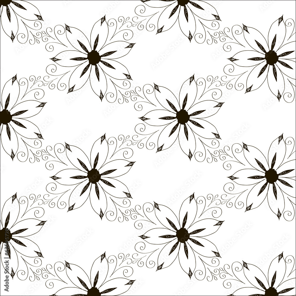 Abstract Nature Pattern with flowers. Monochrome. Seamless patte