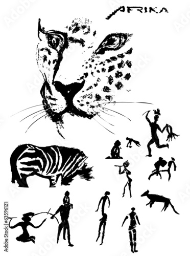 Cave hand painting primitive figures, people and animals