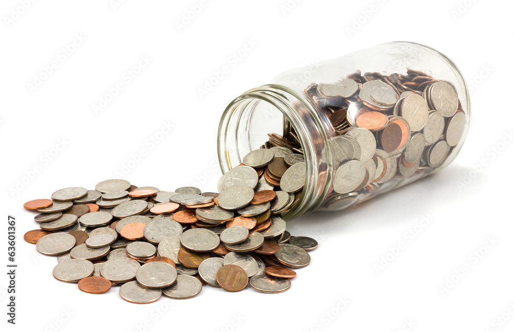 Jar of Coins Spilled on White Background