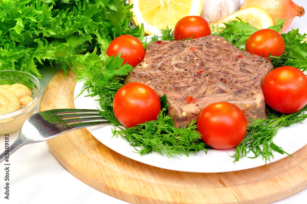 jellied meat with fresh herbs and cherry tomatoes jellied meat with fresh herbs and cherry tomatoes