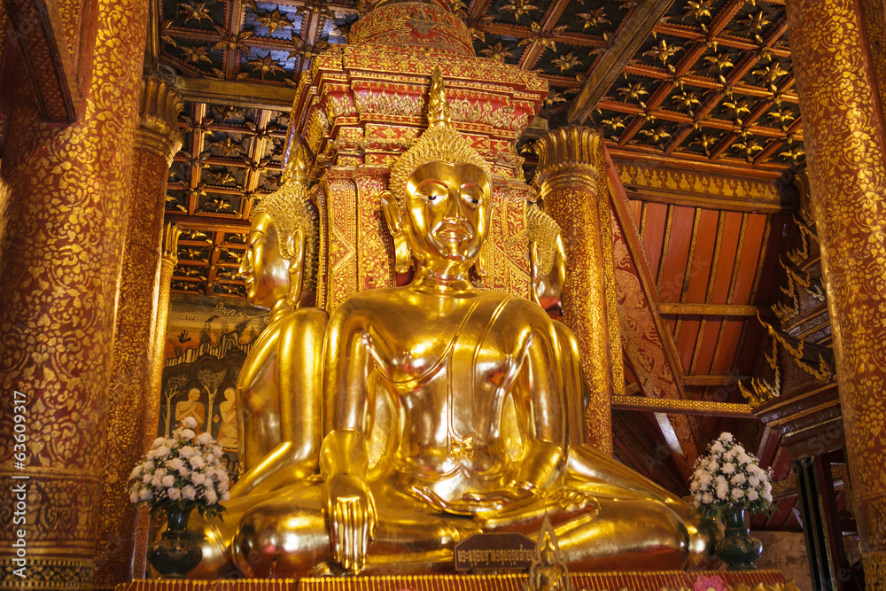 The golden Buddha statue in church of Wat Phumin