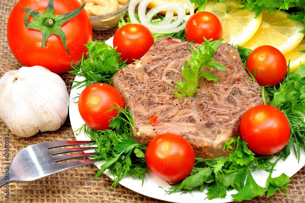 jellied meat with fresh herbs and cherry tomatoes jellied meat with fresh herbs and cherry tomatoes