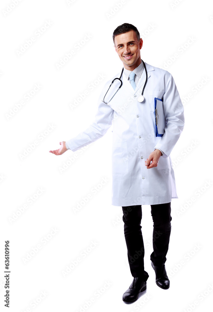 Happy male doctor presenting you something on white background Happy male doctor presenting you something on white background