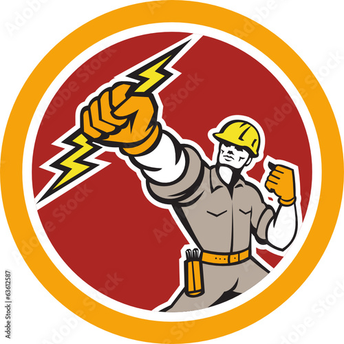 Electrician Wielding Lightning Bolt Circle Retro