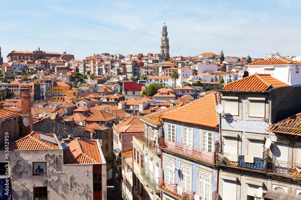 View of city of Porto: houses and church Klerigush 