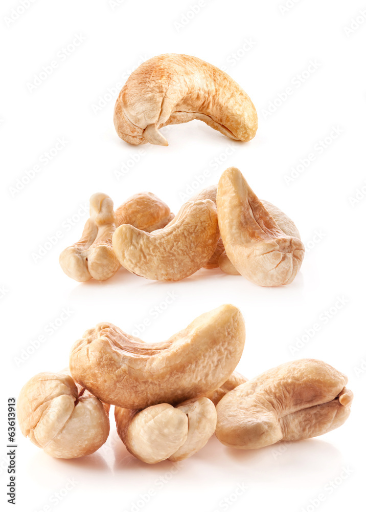 Roasted cashew nuts isolated on white background Roasted cashew nuts isolated on white background