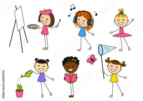 Set of little girls with different hobby